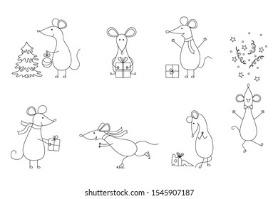 Cute mouses set, symbol of 2020 year. Cartoon characters for Christmas and New Year isolated on white background.