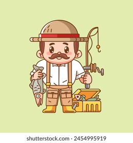 Cute moustache fisher fishing kawaii chibi character mascot illustration outline style design set