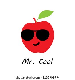 cute mr cool apple cartoon. cute apple mascot character with black sunglasses vector. smiling apple character illustration.