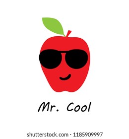 cute mr cool apple cartoon. cute apple mascot character with black sunglasses vector. smiling apple character illustration.