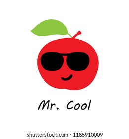 cute mr cool apple cartoon. cute apple mascot character with black sunglasses vector. smiling apple character illustration.