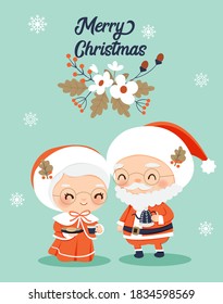 Cute Mr. and Mrs. Claus with flower element for Christmas Greeting Card