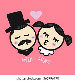 Cute Mr. and Mrs. kissing in love cartoon vector illustration