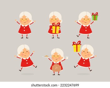 Cute Mrs Claus set - cartoon style isolated