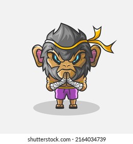 Cute muay thai fighter monkey character illustration. Simple animal vector design. Isolated with soft background.