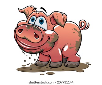 Cute muddy pink cartoon piglet or pig with a happy grin and curly tail dripping mud for farm logo and agriculture industry design