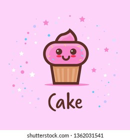 cute muffin cake cartoon comic character with smiling face tasty cupcake happy emoji kawaii style sweet bakery dessert food concept