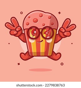 cute muffin cake character mascot with peace sign hand gesture isolated cartoon in flat style design 