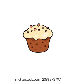 Cute muffin with cream and chocolate chips in colored doodle style, vector illustration isolated on white background. Hand drawn cupcake sweet dessert.