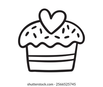 cute muffin with heart for Valentines Day doodle hand drawn icon. Outline drawing cute muffin with heart for Valentines Day line clipart symbol. Vector illustration