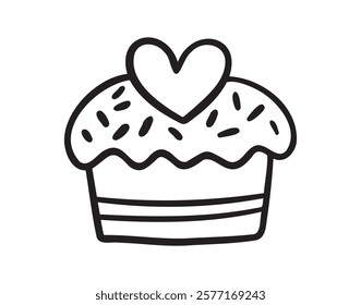 cute muffin with heart for Valentines Day doodle hand drawn icon. Outline drawing cute muffin with heart for Valentines Day line clipart symbol. Vector illustration