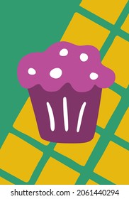 Muffin de corte en el fondo abstracto a cuadros. Afiche de postre brillante al estilo de las caricaturas. Ilustración de pantalla plana con mano para decoración de pared, postales u otras