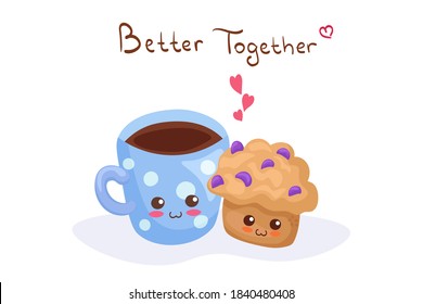 Cute muffin with raisins & cup of coffee isolated on white background. Funny sweet food characters illustration for children menu, card, fabric print, cooking poster. Adorable berries dessert concept.