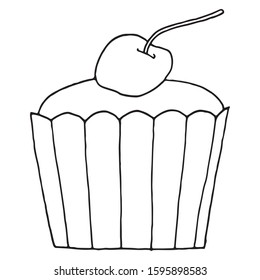 Cute muffin single element hand drawn doodle style. Vector illustration. Black outlines isolated on white background. Design for invitations, wedding or greeting cards, gifts, wrapping paper, menu.