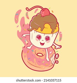 Cute Muffin surfing a doughnut vector illustration. Food, funny, cute design concept.