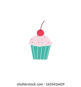 Cute muffin,cupcake with cherry on top flat vector icon isolated on a white background.