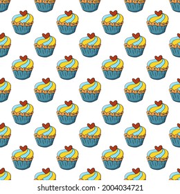 Cute muffins, cupcakes. Seamless pattern with sweet pastries. Vector illustration. Texture for fabric