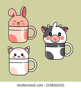 cute mug animal vector design. rabbit cat and cow.