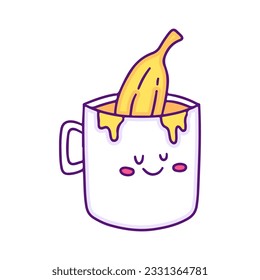 Cute mug with banana inside, illustration for t-shirt, sticker, or apparel merchandise. Doodle, retro, and cartoon style.