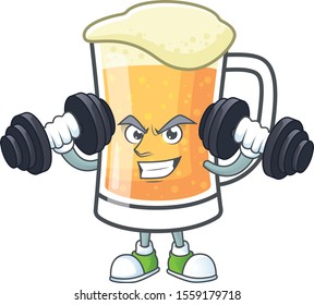 Cute mug of beer with bring barbell mascot.