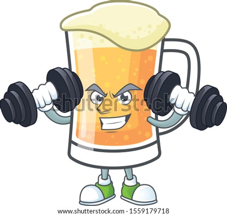 Cute mug of beer with bring barbell mascot.