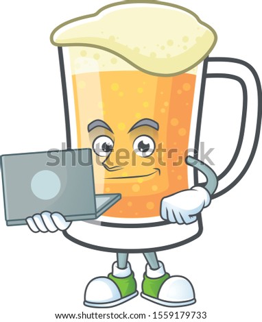 Cute mug of beer with bring laptop mascot.
