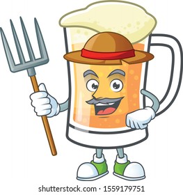 Cute mug of beer with farmer mascot.