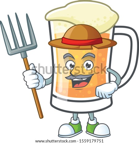 Cute mug of beer with farmer mascot.