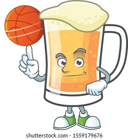 Cute mug of beer with holding basketball mascot.