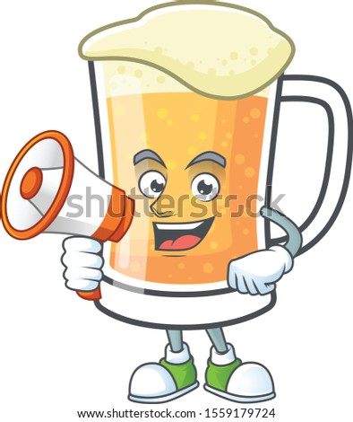 Cute mug of beer with holding megaphone mascot.
