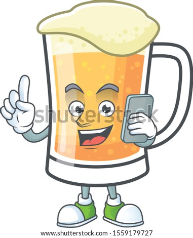 Cute mug of beer with holding phone mascot.