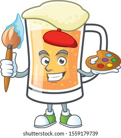 Cute mug of beer with painter mascot.