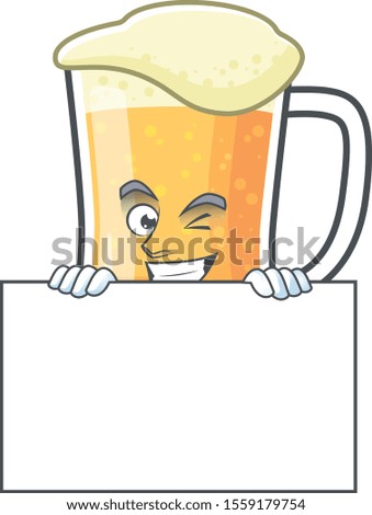 Cute mug of beer with squinting with board mascot.
