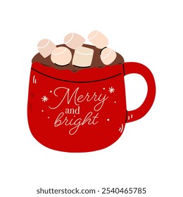 Cute Mug of Cacao or Coffee with whipped cream and marshmallow. Christmas and Happy New Year concept. Flat vector illustration .