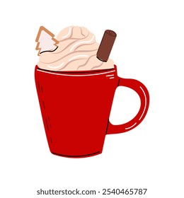 Cute Mug of Cacao or Coffee with whipped cream and marshmallow. Christmas and Happy New Year concept. Flat vector illustration .