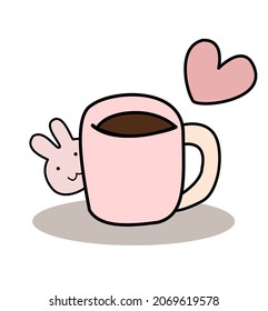 Cute mug with cartoon rabbit and heart.