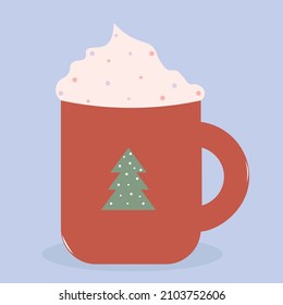 A cute mug with a Christmas pattern and hot chocolate, coffee or cocoa with whipped cream. New Year's card template