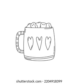 Cute mug with cocoa and marshmallows in doodle style, vector flat illustration, isolated, cartoon.