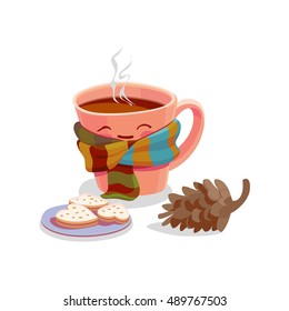 Cute mug with coffee, cacao, tea, latte. Best for winter advertising, print design, postcard.