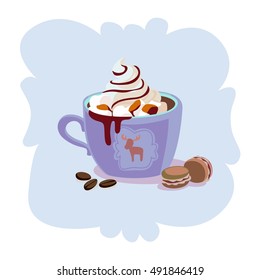 Cute mug with coffee, cacao, tea, latte. Best for winter advertising, print design, postcard. Winter cute and cozy drinks concept.