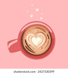 cute mug with coffee, in which a latte art heart is drawn. concept of coffee, love. vector illustration on a soft pink background