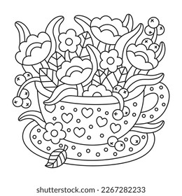 Cute mug with flowers in it. Differen spring plants. Tulip, chamomile, berry. Summertime nature drawing. Herbal drink. Funny coloring page for kids and adults. Cartoon vector illustration. Isolated