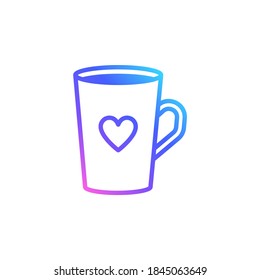 Mug de corte con icono del vector del corazón en gradiente de color brillante. Copa de porcelana con té aislado de fondo blanco. Arte minimalista en línea azul, violeta y rosa.