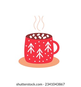 Cute mug with hot beverages (cacao, tea, coffee) with marshmallows in cartoon style. Elements for greeting cards design, posters, stickers.