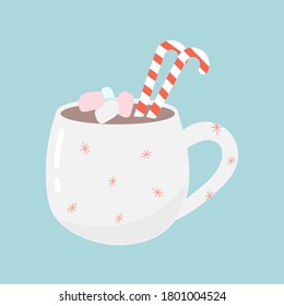 Cute mug with hot chocolate or cocoa on a blue background. The concept of comfort, New year and Christmas. Vector illustration.