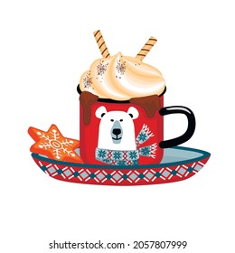 Cute mug hot chocolate with cream.Red cup and saucer are drawn with a pattern and the head of a bear with a scarf.Flat cartoon dessert decorated with cookies and sweets.Isolated vector illustration.