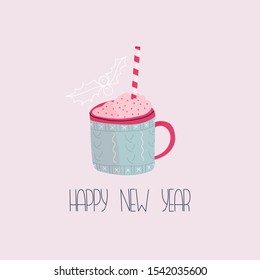 Cute mug with hot chocolate. Happy New Year. Vector illustration. Eps 10.