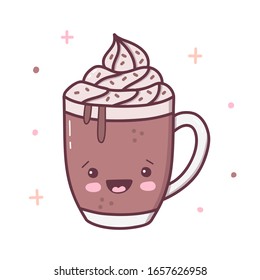 Cute mug of hot chocolate. Kawaii cartoon character isolated on a white background. Vector illustration.

