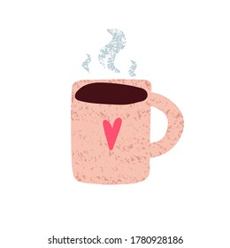 Cute mug with hot coffee. Hand drawn cup with tea, coffee isolated on white background. Beige texture, pink heart, steam. Cozy vector sticker. Good morning, hygge, breakfast symbol. Сafe menu element