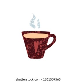 Cute mug with hot coffee. Hand drawn cup with tea, coffee isolated on white background. Burgundy texture, Red heart, steam. Cozy vector sticker. Good morning, hygge, breakfast symbol. Сafe menu elemen